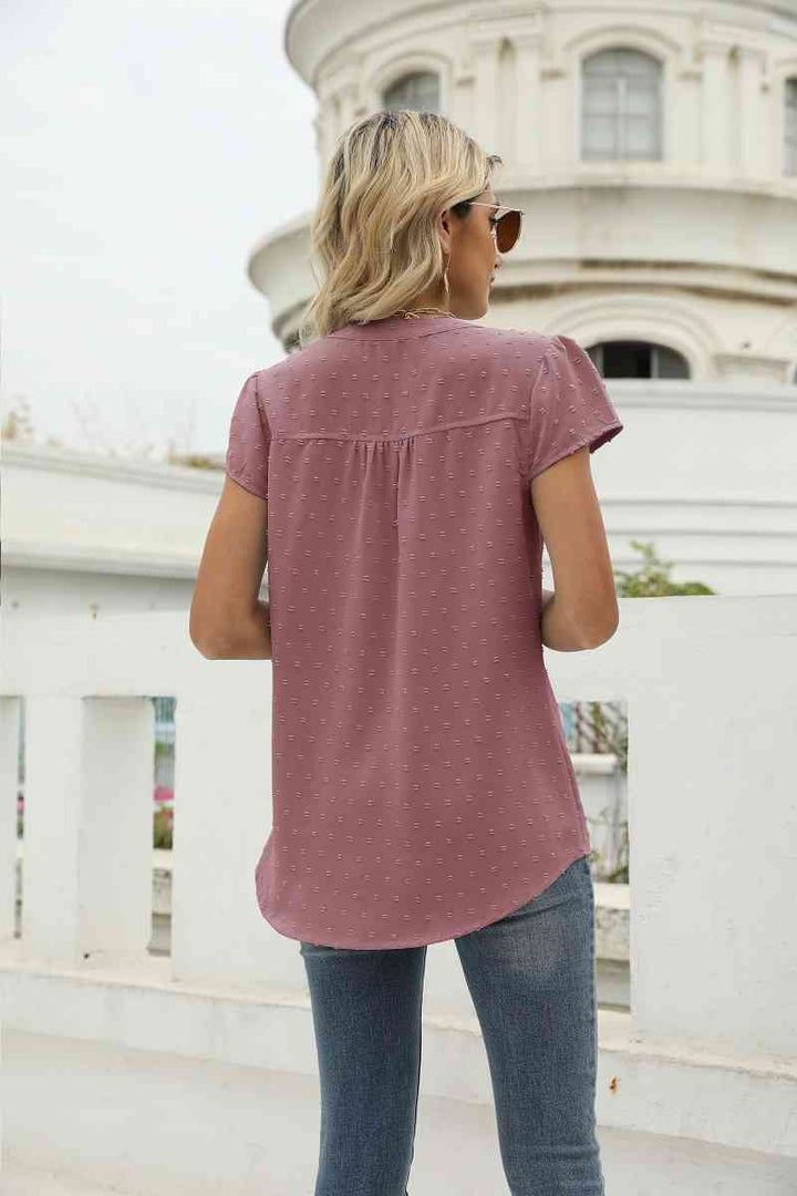 Swiss Dot Notched Neck Short Sleeve Top | 1mrk.com