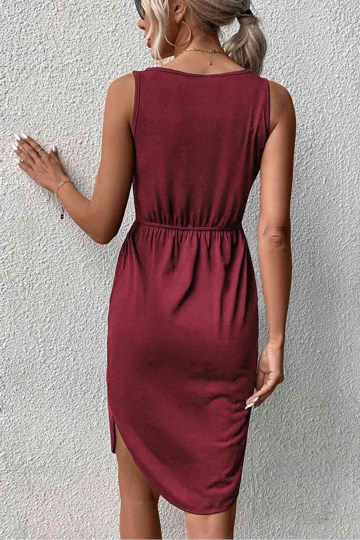 V-Neck Curved Hem Sleeveless Dress |1mrk.com