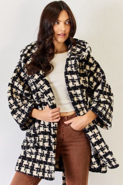 J.NNA Fuzzy Plaid Waist Tie Hooded Robe Cardigan |1mrk.com