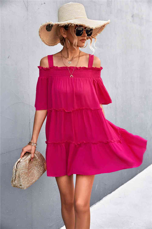 Cold-Shoulder Frill Trim Tiered Dress |1mrk.com