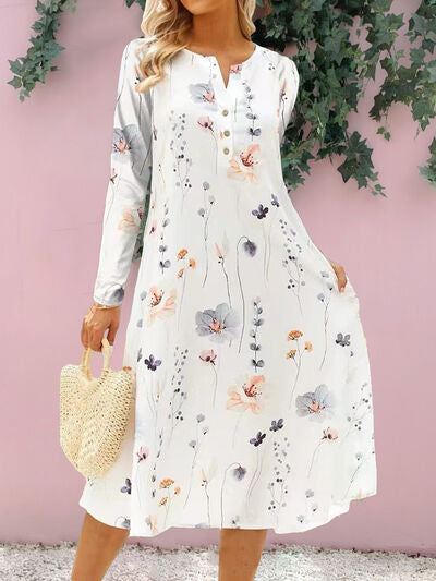 Floral Notched Long Sleeve Midi Dress |1mrk.com