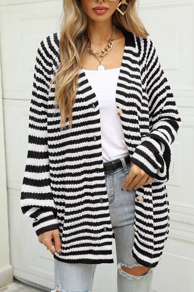 Striped Button Up Long Sleeve Cardigan |1mrk.com