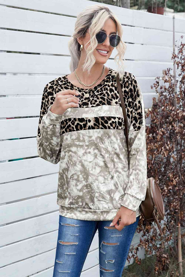 Tie-Dye Leopard Round Neck Sweatshirt |1mrk.com