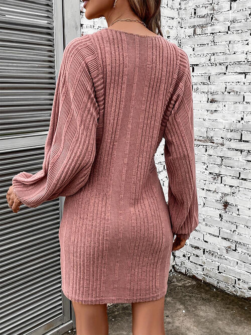 Ribbed Round Neck Long Sleeve Dress | 1mrk.com