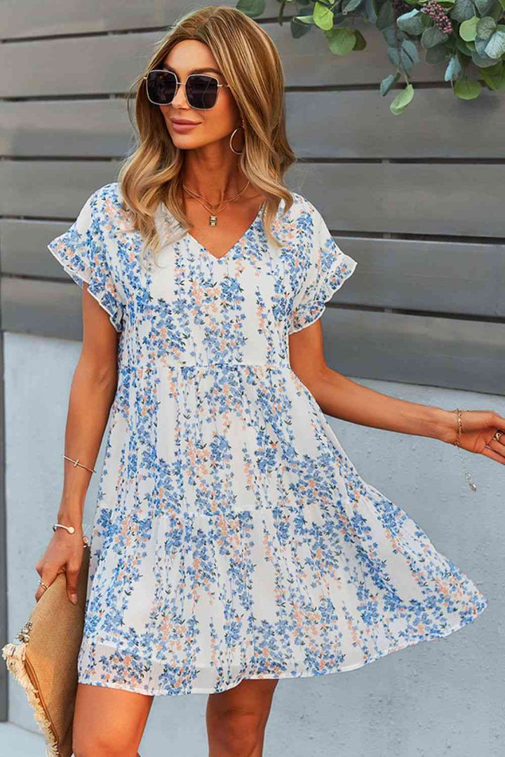 Printed V-Neck Short Sleeve Tiered Dress |1mrk.com