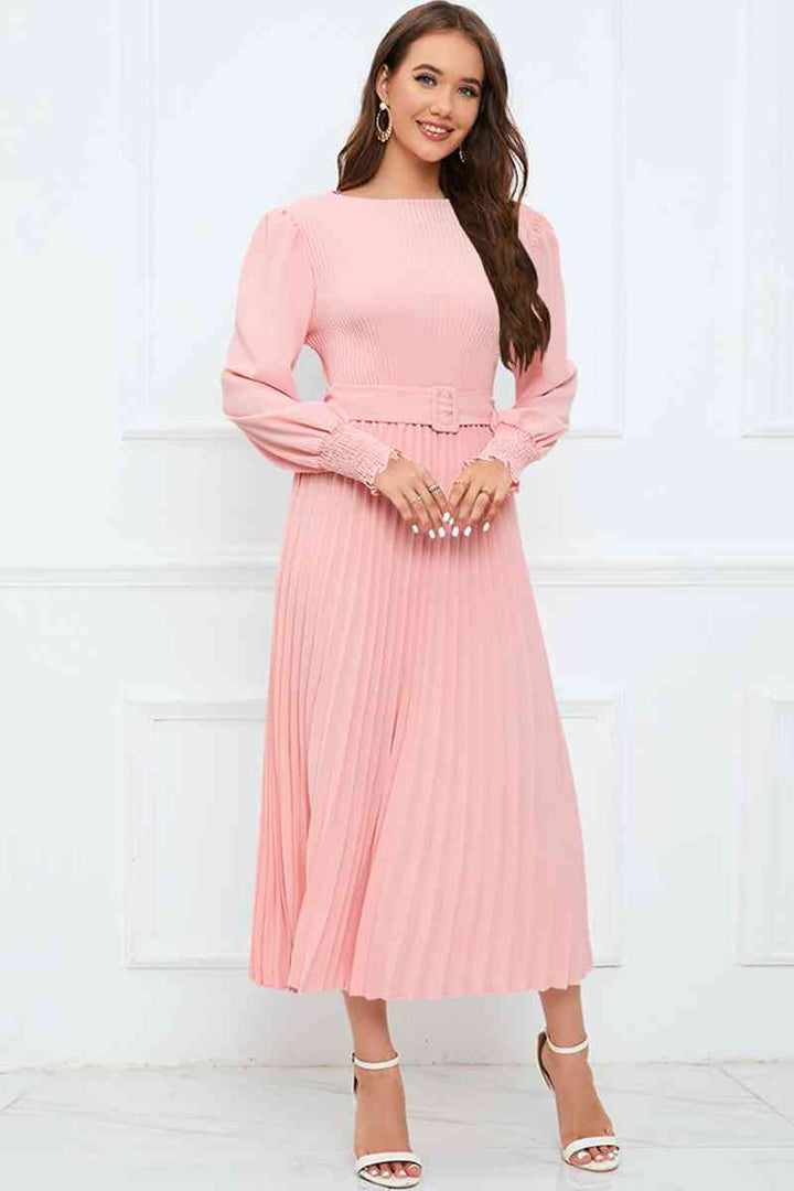 Round Neck Flounce Sleeve Pleated Dress | 1mrk.com