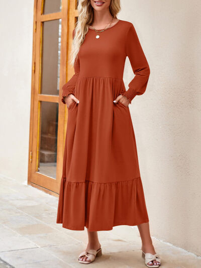 Round Neck Lantern Sleeve Ruffle Hem Dress | 1mrk.com