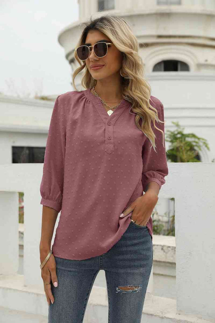 Swiss Dot Notched Neck Three-Quarter Sleeve Blouse | 1mrk.com