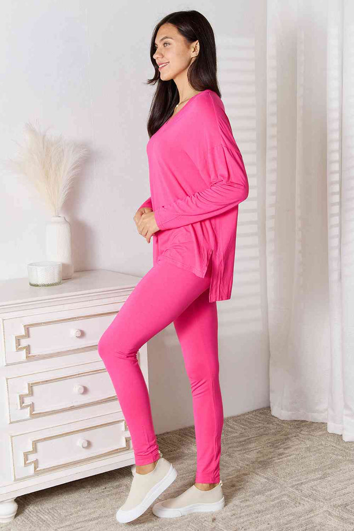 Basic Bae Full Size V-Neck Soft Rayon Long Sleeve Top and Pants Lounge Set | 1mrk.com