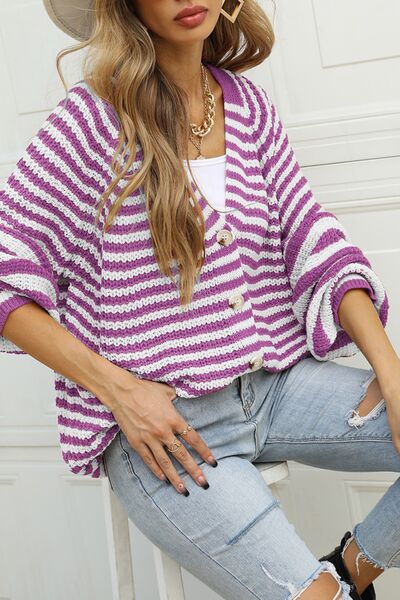 Striped Button Up Long Sleeve Cardigan |1mrk.com