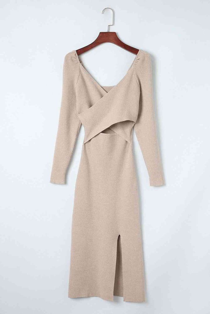 Crisscross Long Sleeve Slit Sweater Dress |1mrk.com