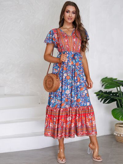 Tied Printed V-Neck Short Sleeve Dress | Trendsi