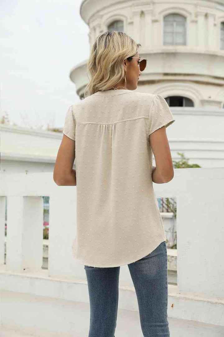 Swiss Dot Notched Neck Short Sleeve Top | 1mrk.com