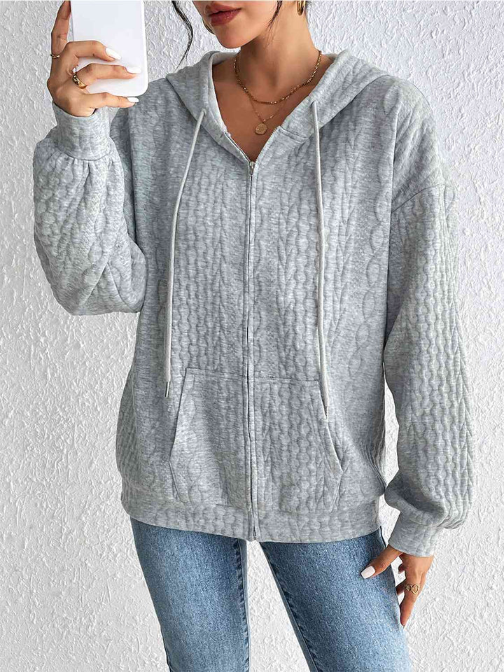 Zip Up Drawstring Long Sleeve Hoodie with Pockets |1mrk.com
