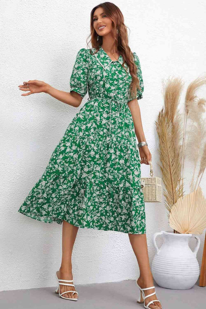 Floral Tie Waist Puff Sleeve Midi Dress |1mrk.com