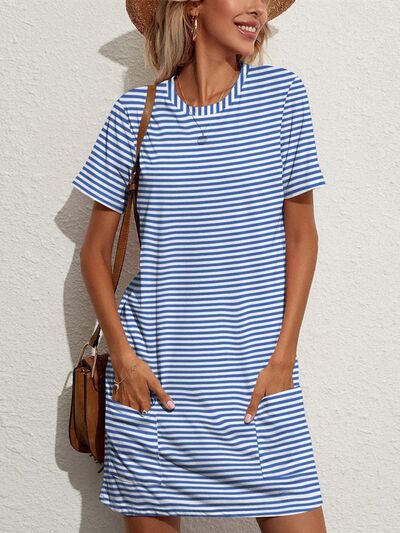 Pocketed Striped Round Neck Short Sleeve Dress | Trendsi