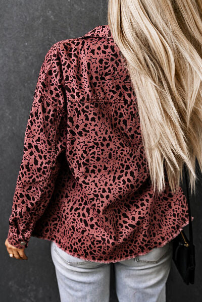 Leopard Raw Hem Button Up Denim Jacket |1mrk.com