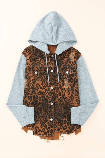 Leopard Distressed Drawstring Hooded Denim Jacket |1mrk.com