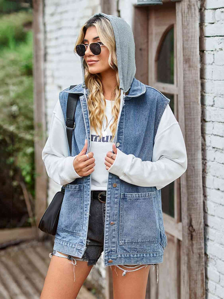 Button Up Sleeveless Denim Jacket with Pockets |1mrk.com