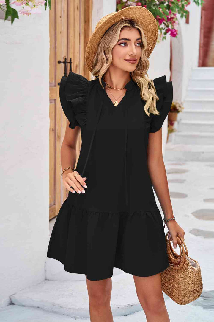 Tie Neck Ruffle Hem Dress |1mrk.com