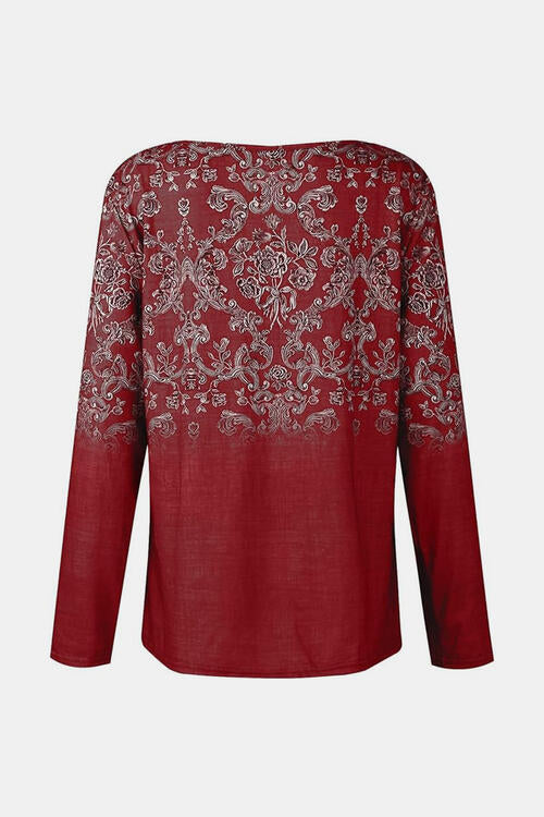 Printed Notched Long Sleeve T-Shirt | 1mrk.com