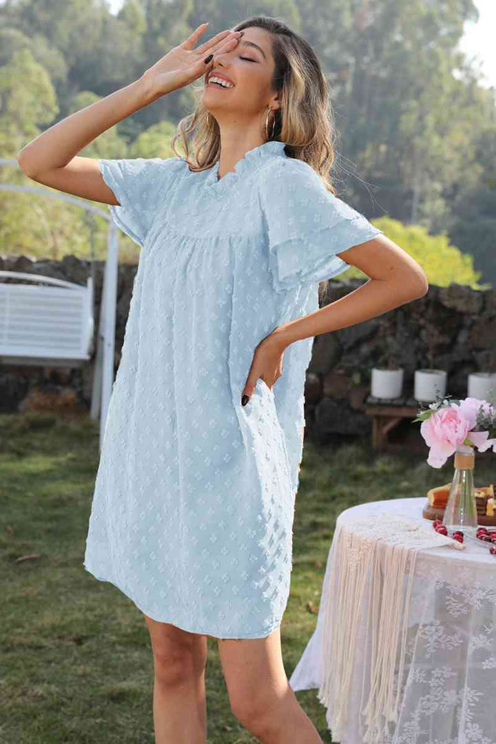 Swiss Dot Round Neck Flutter Sleeve Dress |1mrk.com