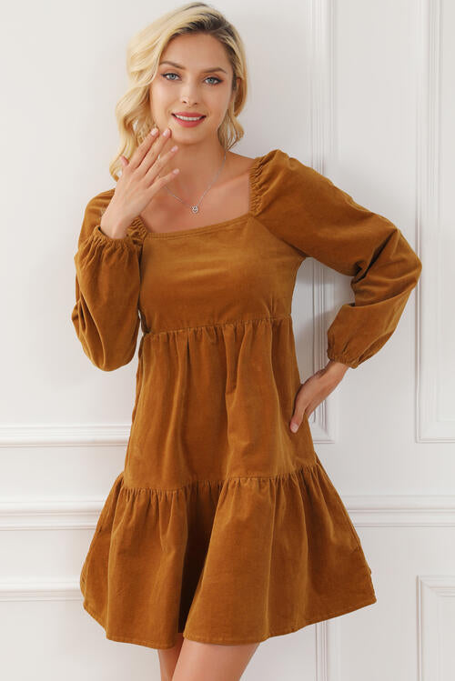 Square Neck Long Sleeve Tiered Dress | 1mrk.com