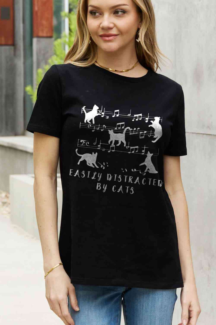 Simply Love Full Size EASILY DISTRACTED BY CATS Graphic Cotton Tee | 1mrk.com