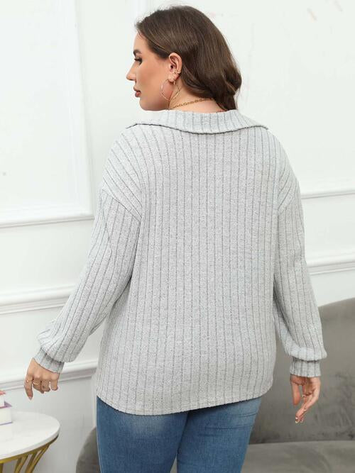 Plus Size Ribbed Collared Neck Long Sleeve Blouse | 1mrk.com