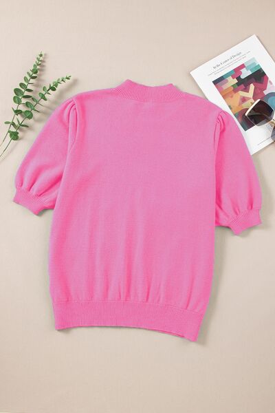 Flower Mock Neck Short Sleeve Sweater |1mrk.com