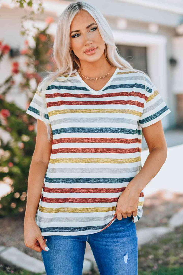 Striped V-Neck Short Sleeve Tee | 1mrk.com