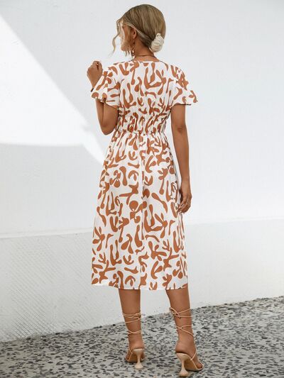 Printed V-Neck Short Sleeve Dress |1mrk.com