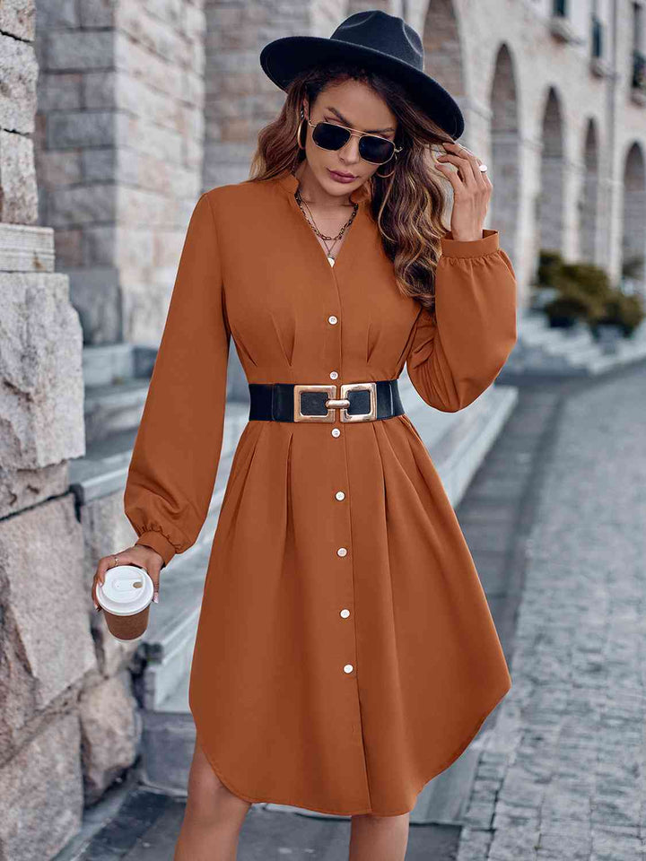 Notched Neck Long Sleeve Dress |1mrk.com