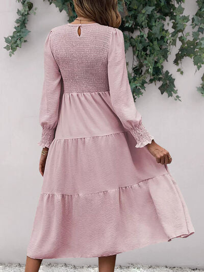 Smocked Round Neck Long Sleeve Midi Dress |1mrk.com