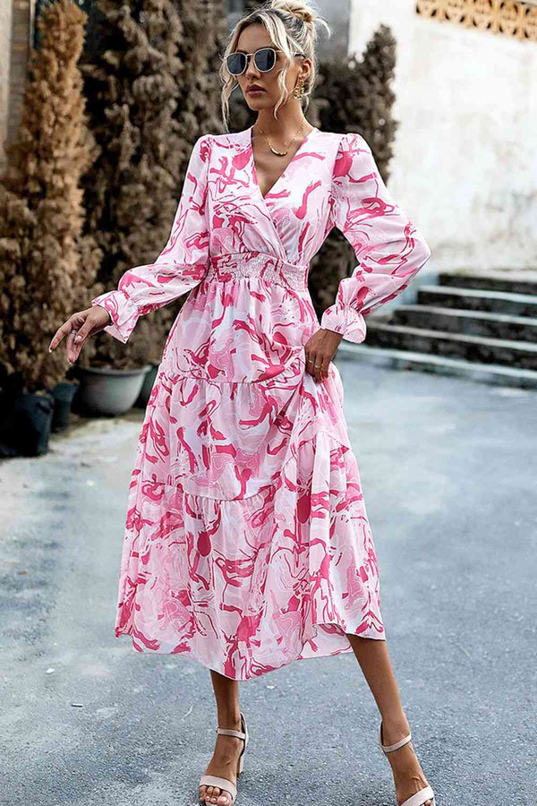 Printed Surplice Neck Flounce Sleeve Midi Dress |1mrk.com