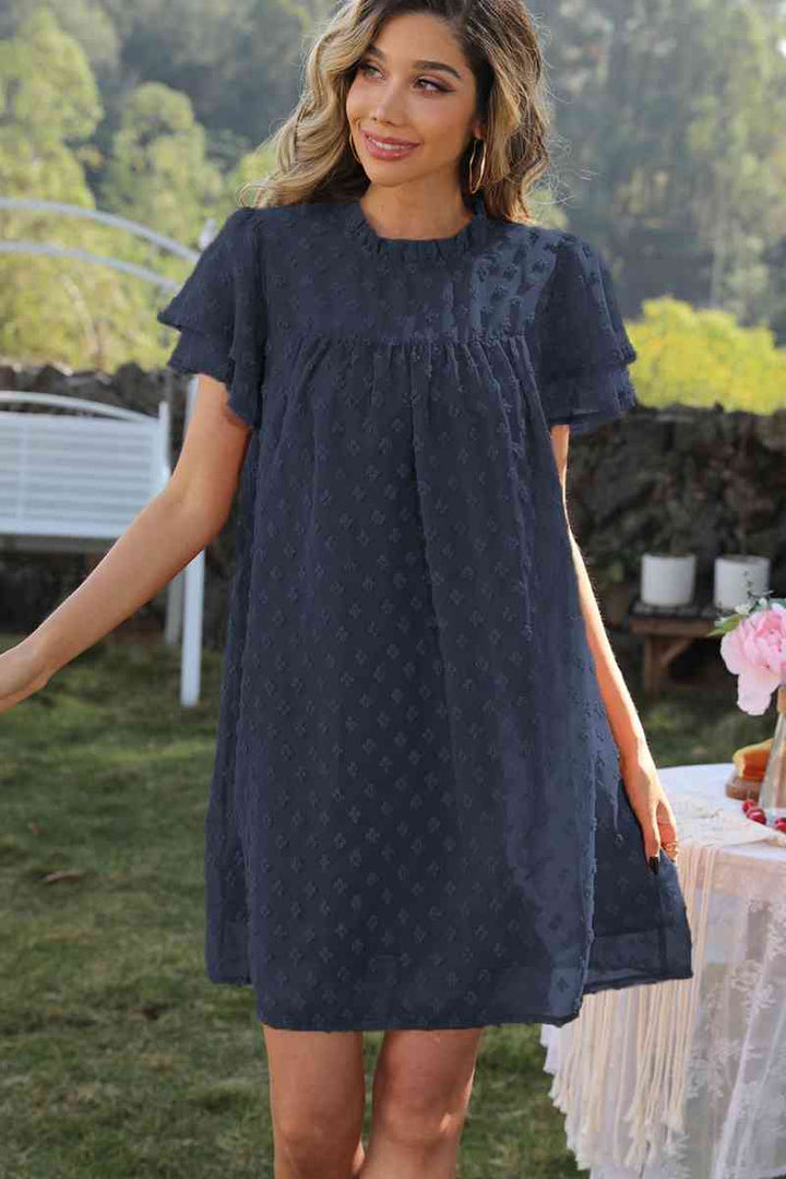 Swiss Dot Round Neck Flutter Sleeve Dress |1mrk.com