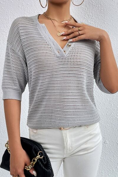 Openwork Half Button Dropped Shoulder Knit Top |1mrk.com