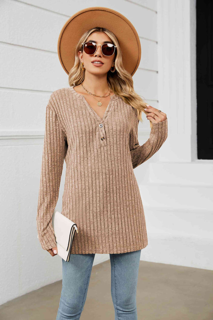 Notched Neck Ribbed Long Sleeve T-Shirt | 1mrk.com