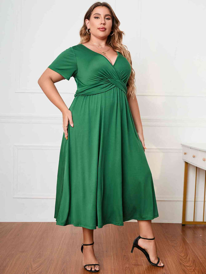 Plus Size Short Sleeve Surplice Neck Midi Dress |1mrk.com