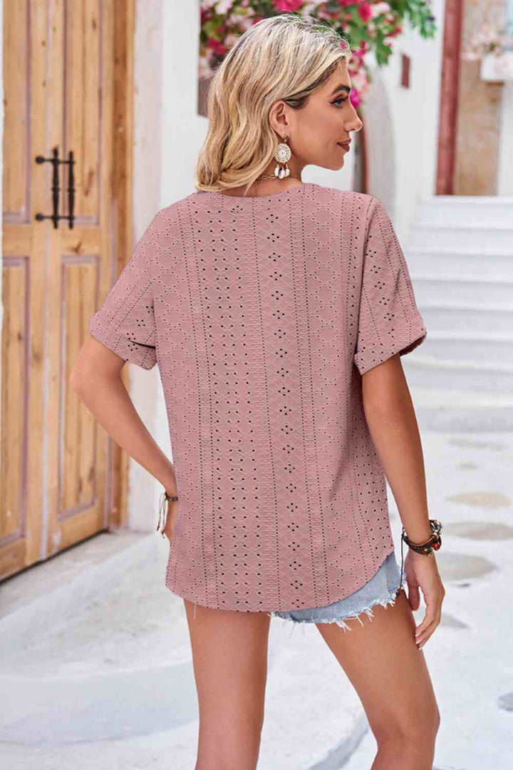 Buttoned Notched Neck Eyelet Top | 1mrk.com