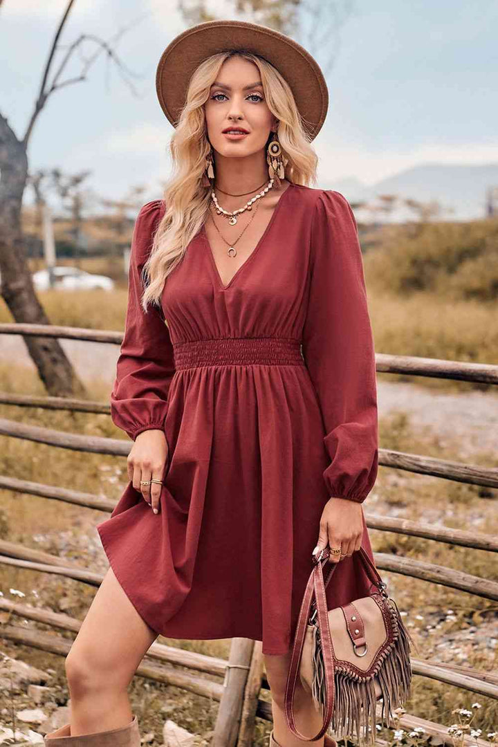 V-Neck Long Sleeve Smocked Waist Mini Dress |1mrk.com