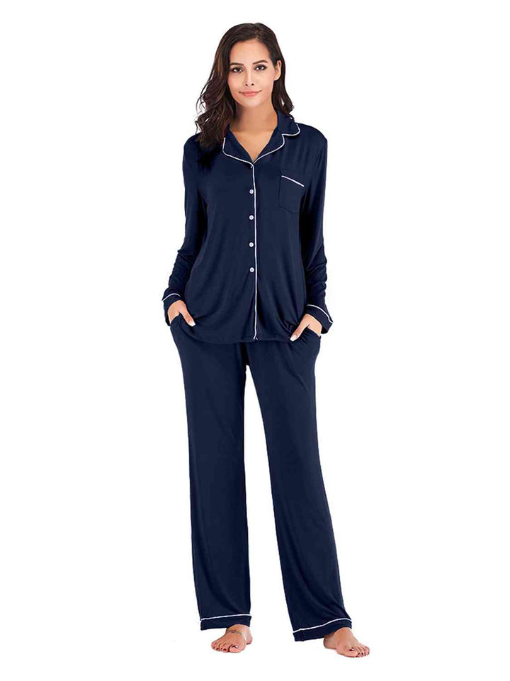 Collared Neck Long Sleeve Loungewear Set with Pockets | 1mrk.com