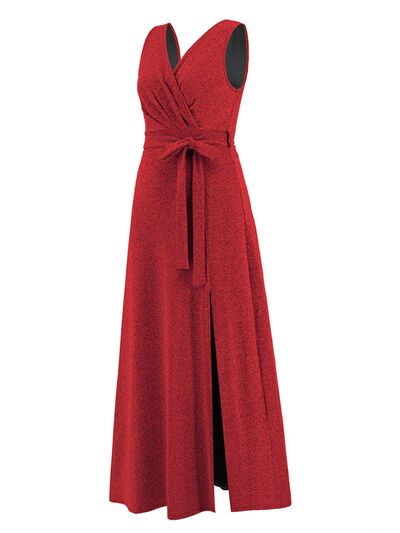 Slit Surplice Tie Waist Sleeveless Dress |1mrk.com