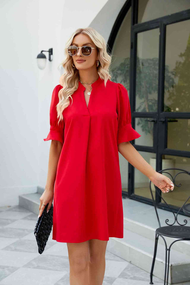 Notched Neck Flounce Sleeve Mini Dress |1mrk.com