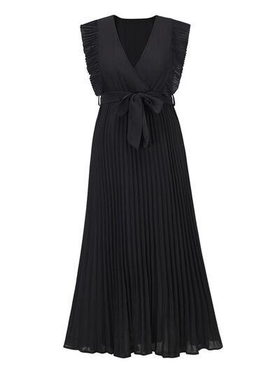 Tied Surplice Cap Sleeve Pleated Dress |1mrk.com