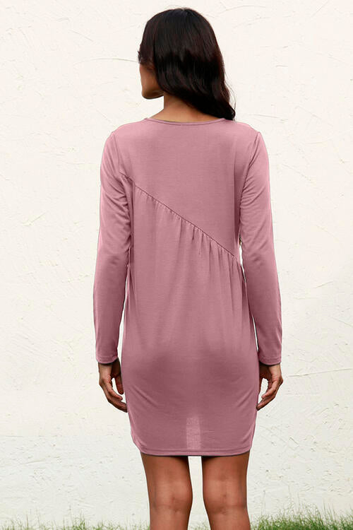 Ruched Round Neck Long Sleeve Dress | 1mrk.com