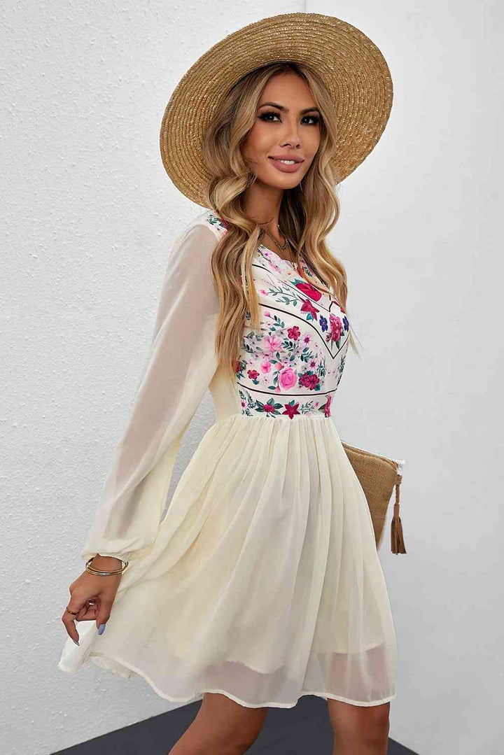 Floral Mesh Sleeve Lined Dress |1mrk.com