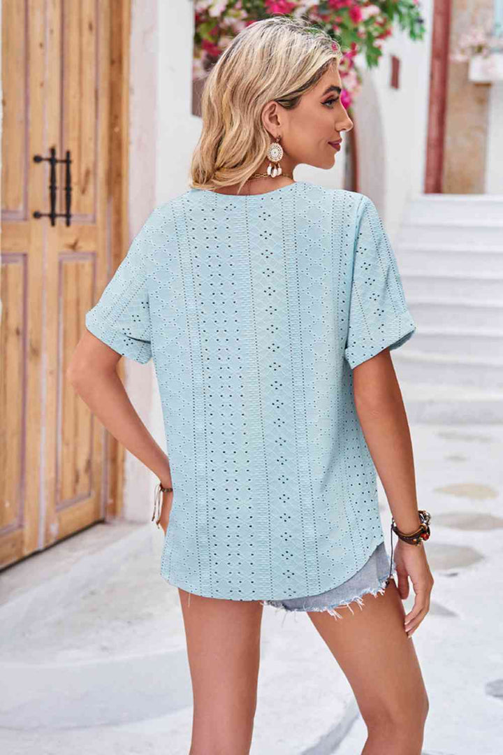 Buttoned Notched Neck Eyelet Top | 1mrk.com