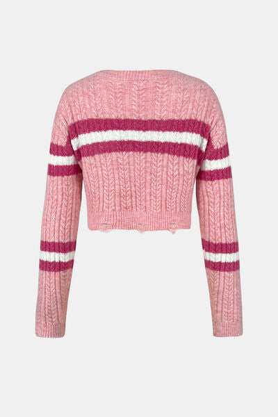 Cable-Knit Striped Dropped Shoulder Sweater |1mrk.com