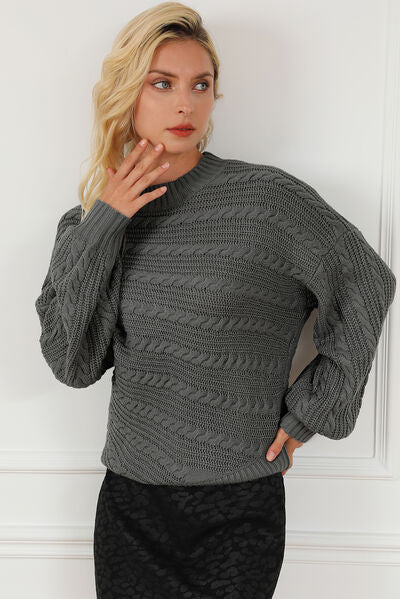 Cable-Knit Mock Neck Dropped Shoulder Sweater |1mrk.com